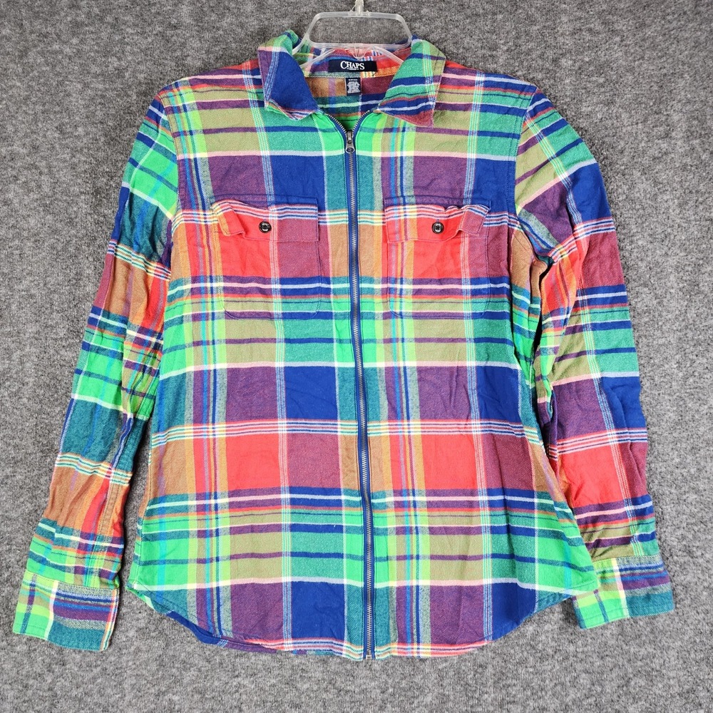 Chaps Denim Zip Up Flannel Shirt Mens Small Multi Color Plaid Cotton Long Sleeve